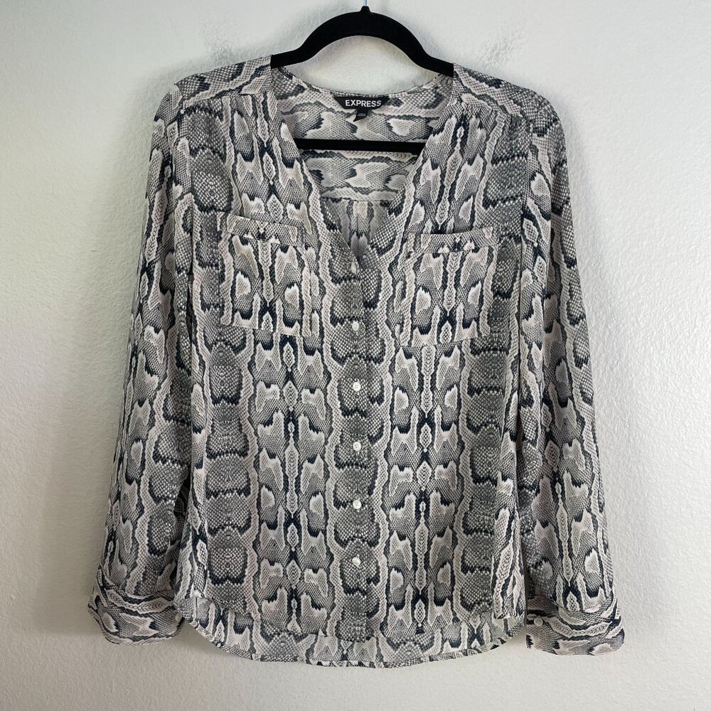 Express Womens Small Snake Print Blouse Roll Tab Sleeve Collarless Shirt Top